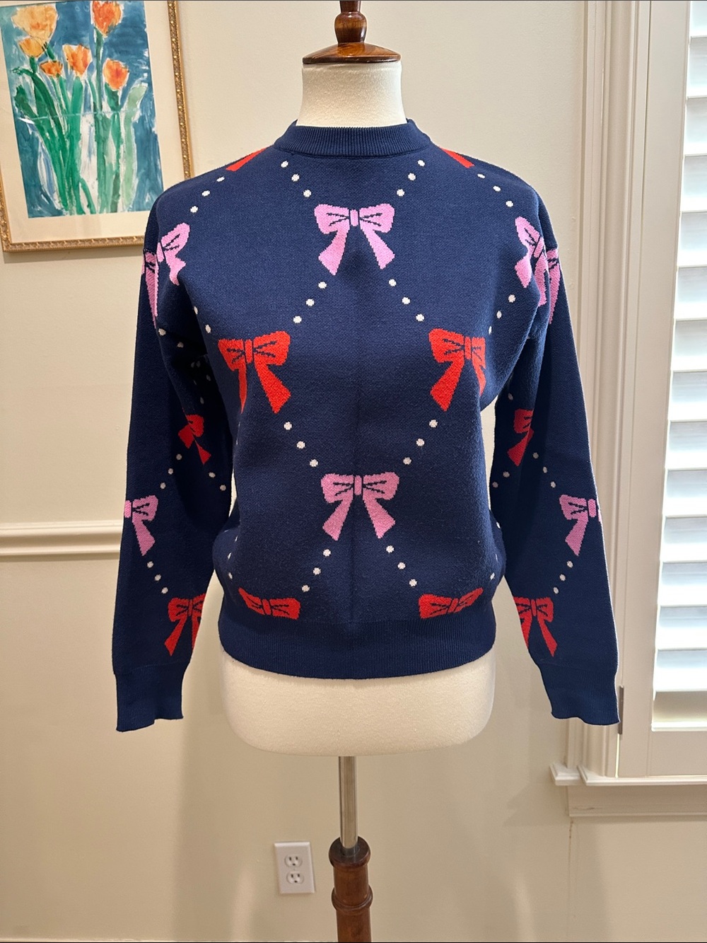 THML Navy Crewneck Sweater with Pink & Red Bow Motif